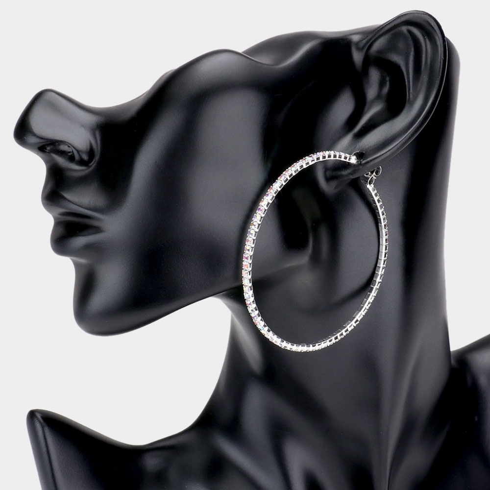 Silver Crystal Geometric Bling Rhinestone Round Hoop Earrings 2.25 Inches